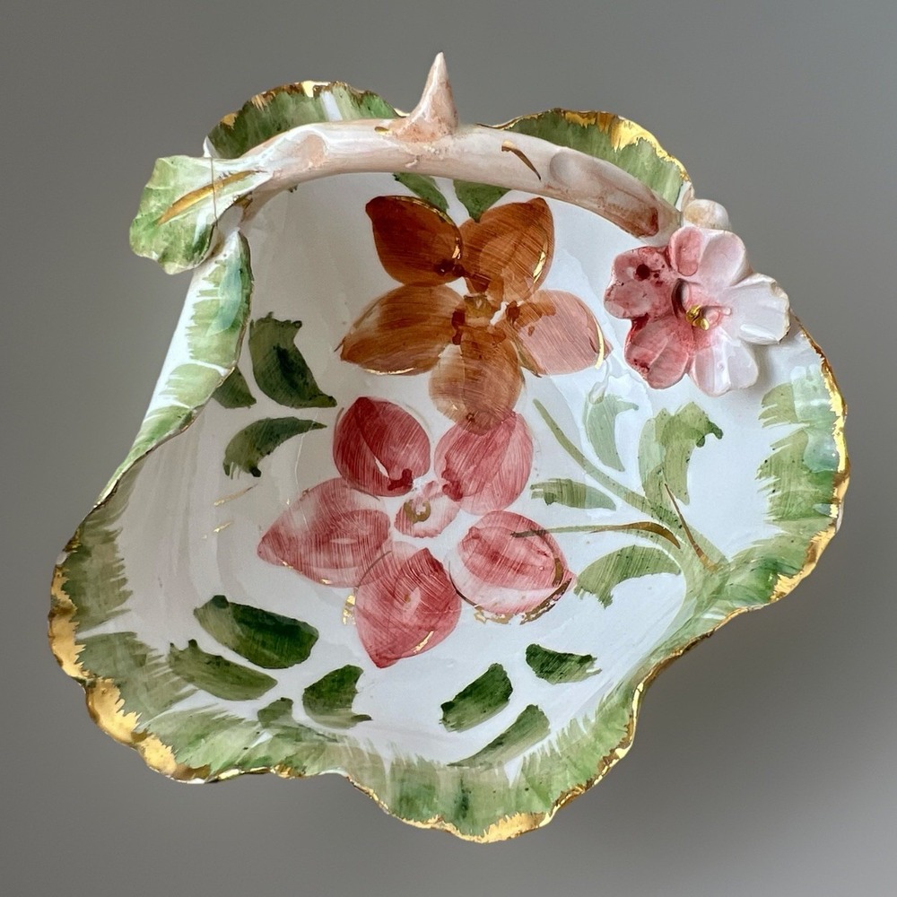 Hand Painted Italy Candy Dish Ceramic Pink 3D Flowers Gold Trim Vintage